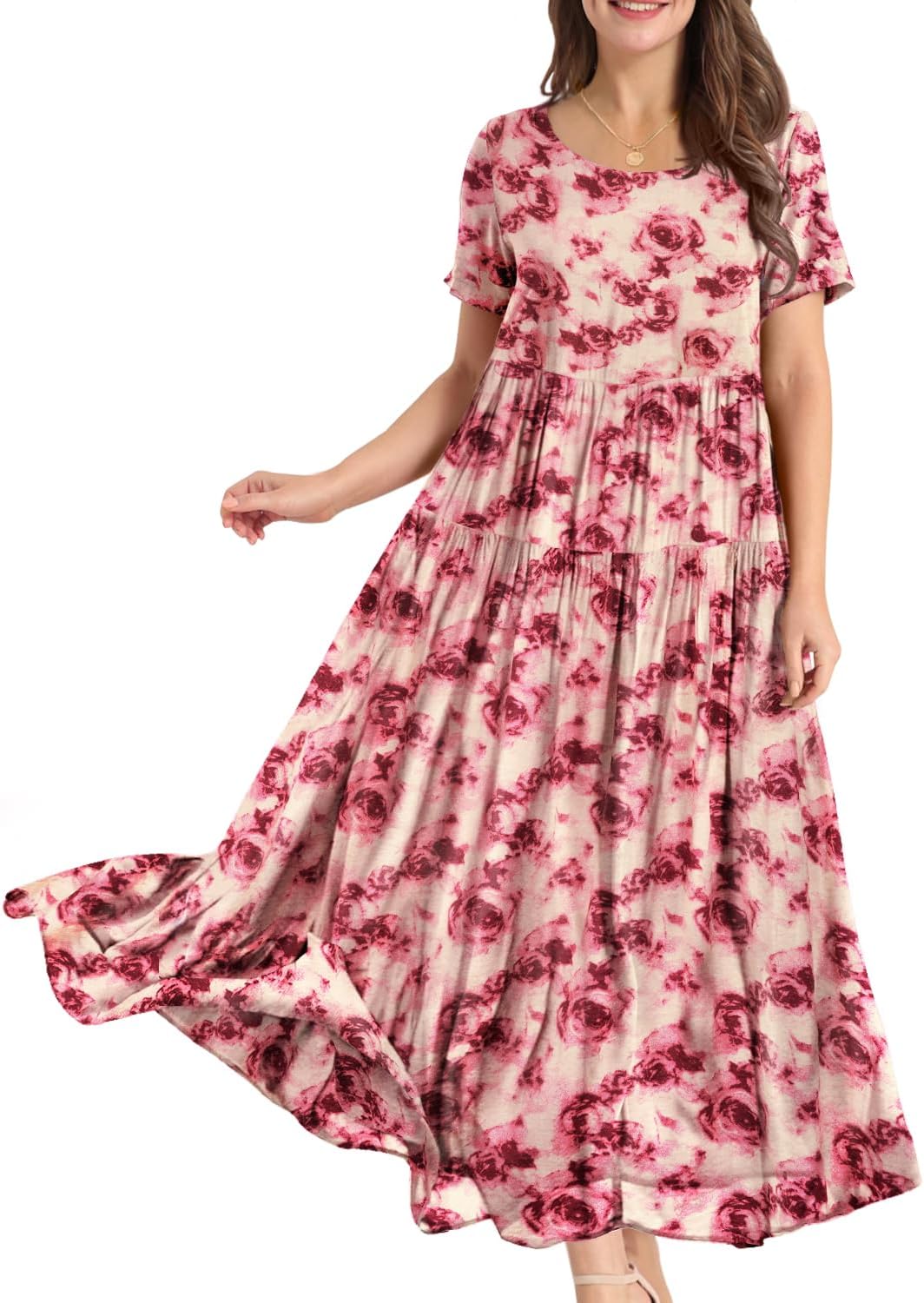 YESNO Women Casual Loose Bohemian Floral Dress with Pockets Short Sleeve Long Maxi Summer Beach Swing Dress EJF