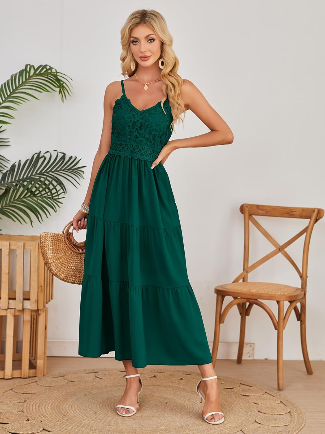 Dokuritu Women's Beach Crochet Lace Maxi Dress Solid Color Summer Vacation Spaghetti Strap Long Dress 2024