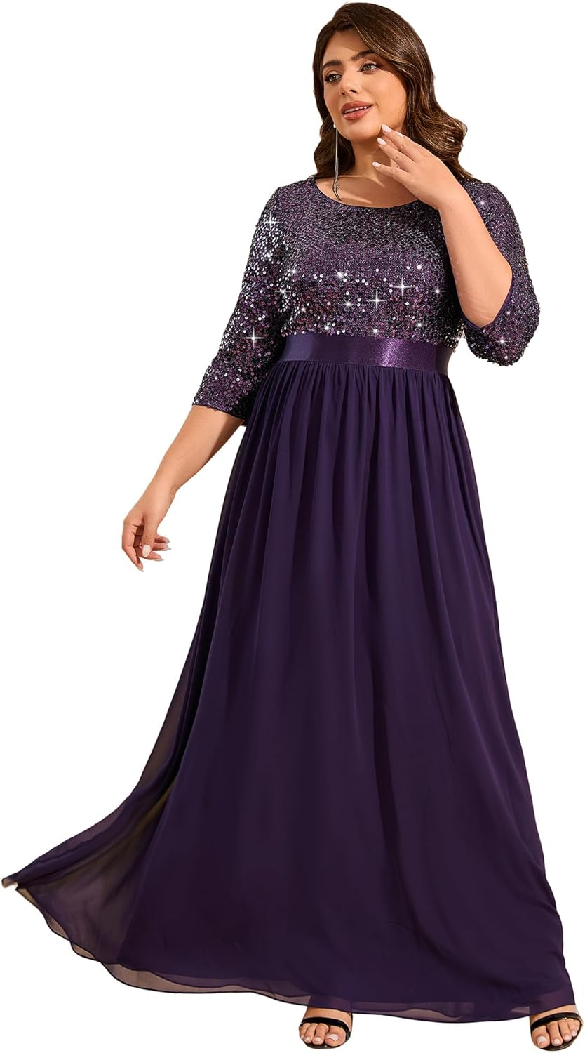 Ever-Pretty Women's Round Neck Maxi Dresses Sequin Plus Size Formal Dresses for Women 0683-PZ