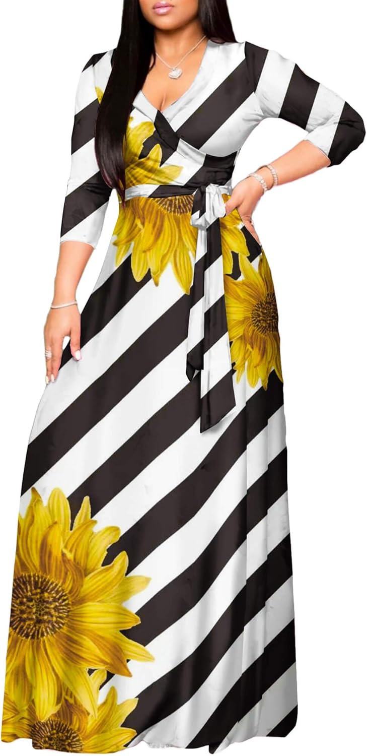 FANDEE Plus Size Maxi Dress for Women Casual Summer Sundress V-Neck 3/4 Sleeve