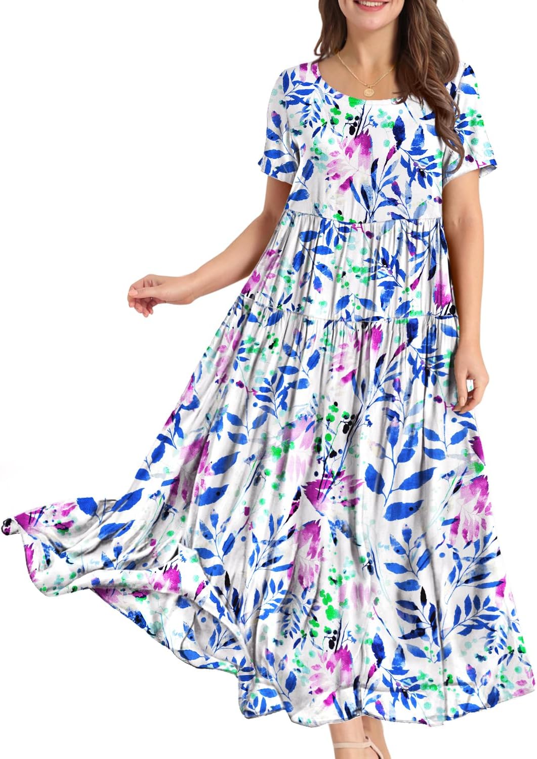 YESNO Women Casual Loose Bohemian Floral Dress with Pockets Short Sleeve Long Maxi Summer Beach Swing Dress EJF