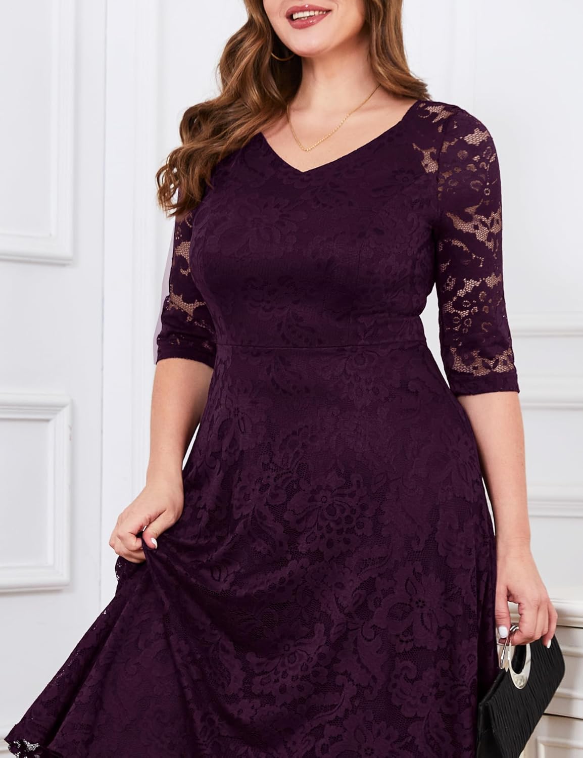 Dressystar Womens Long-Sleeve Wedding Guest Dress A-Line Lace Formal Party Cocktail Midi Dress Prom Gown