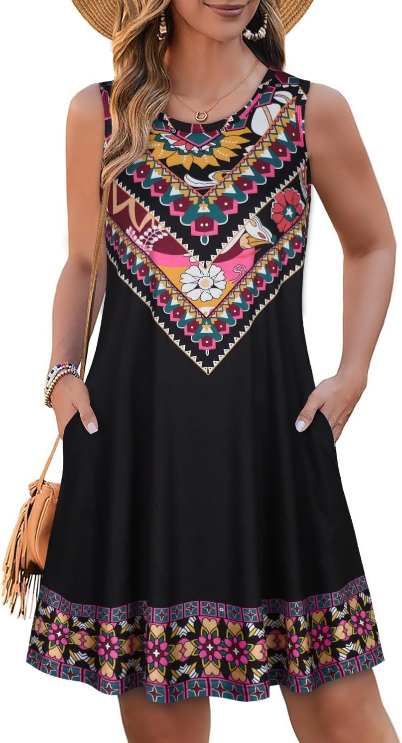Summer Dresses for Women Beach Boho Sleeveless Vintage Floral Flowy Pocket Tshirt Tank Sundresses