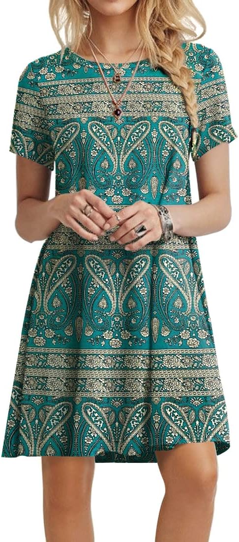 POPYOUNG 2025 Women's Summer Casual T-Shirt Dresses Crew Neck Beach Cover Up Sun Dress