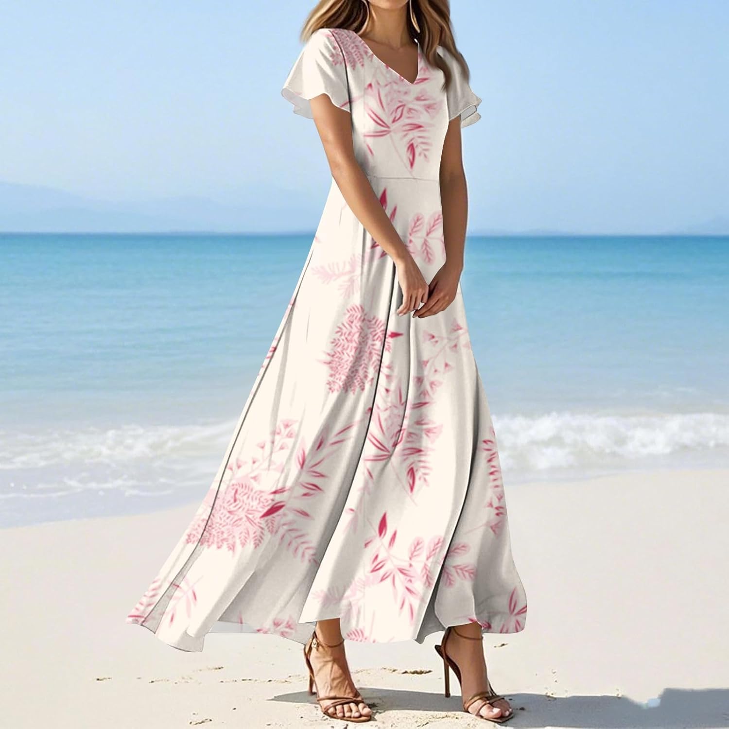 Womens Fashion V Neck Ruffle Short Sleeve Maxi Dress 2025 Summer Elegant Solid Color Flowy A Line Dresses