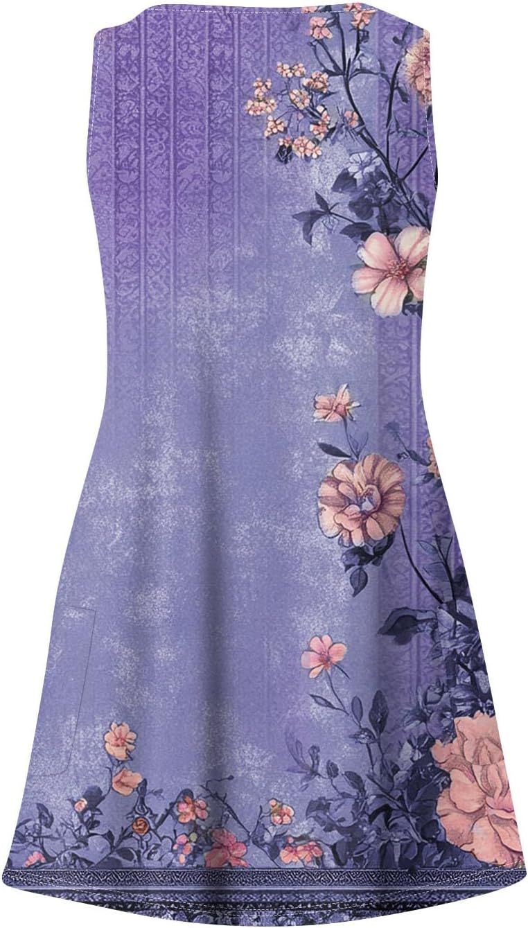 Women's Sleeveless Floral Print Summer Dress Casual V-Neck A-Line Mini Dress for Beach Party and Daily Wear