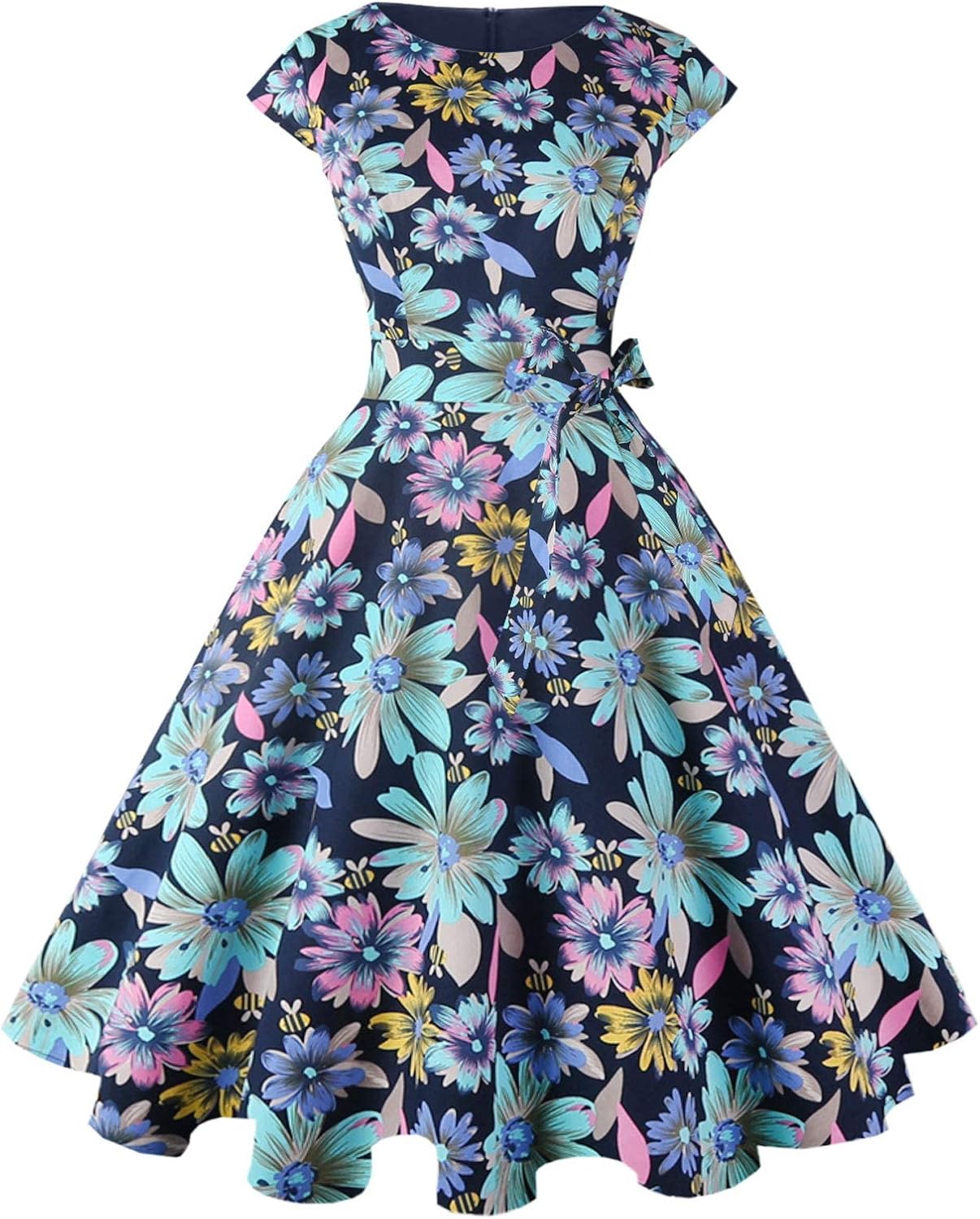 PUKAVT Women's 1950 Boatneck Cap Sleeve Vintage Swing Cocktail Party Dress with Pockets