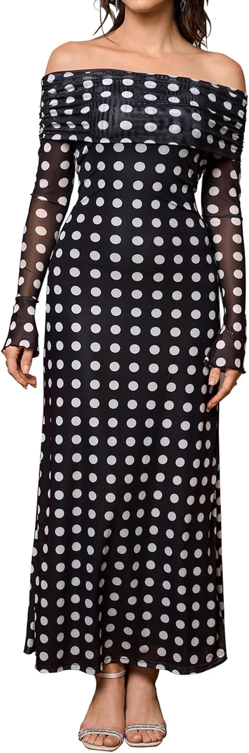 KUTUMAI Women Off Shoulder Bodycon Maxi Dress Long Sleeve Mesh Ruched Party Formal Wedding Guest Dresses
