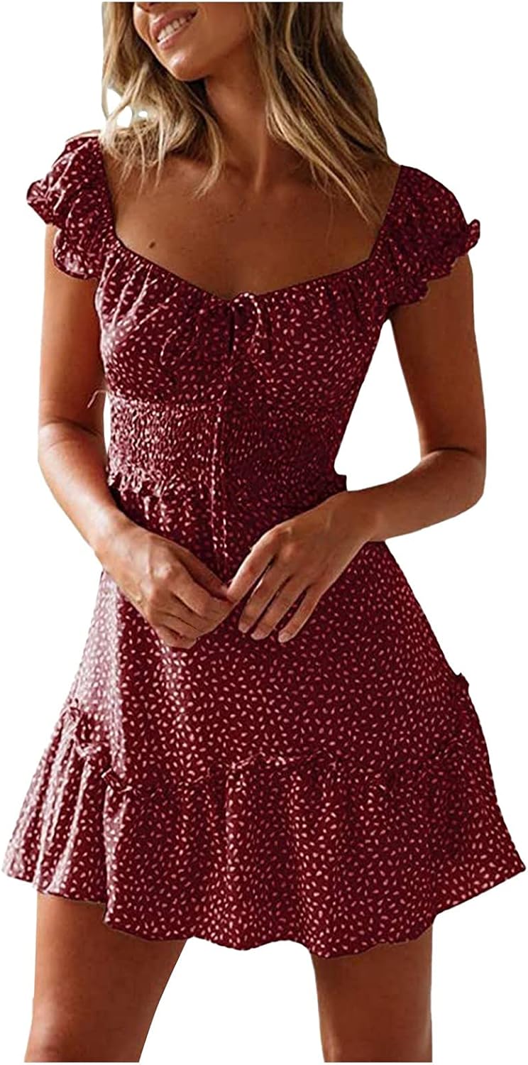 iQKA Women Short Mini Dress Summer Bohemian Floral Print Short Sleeve Square Neck Sexy Babydoll Dresses S-3XL