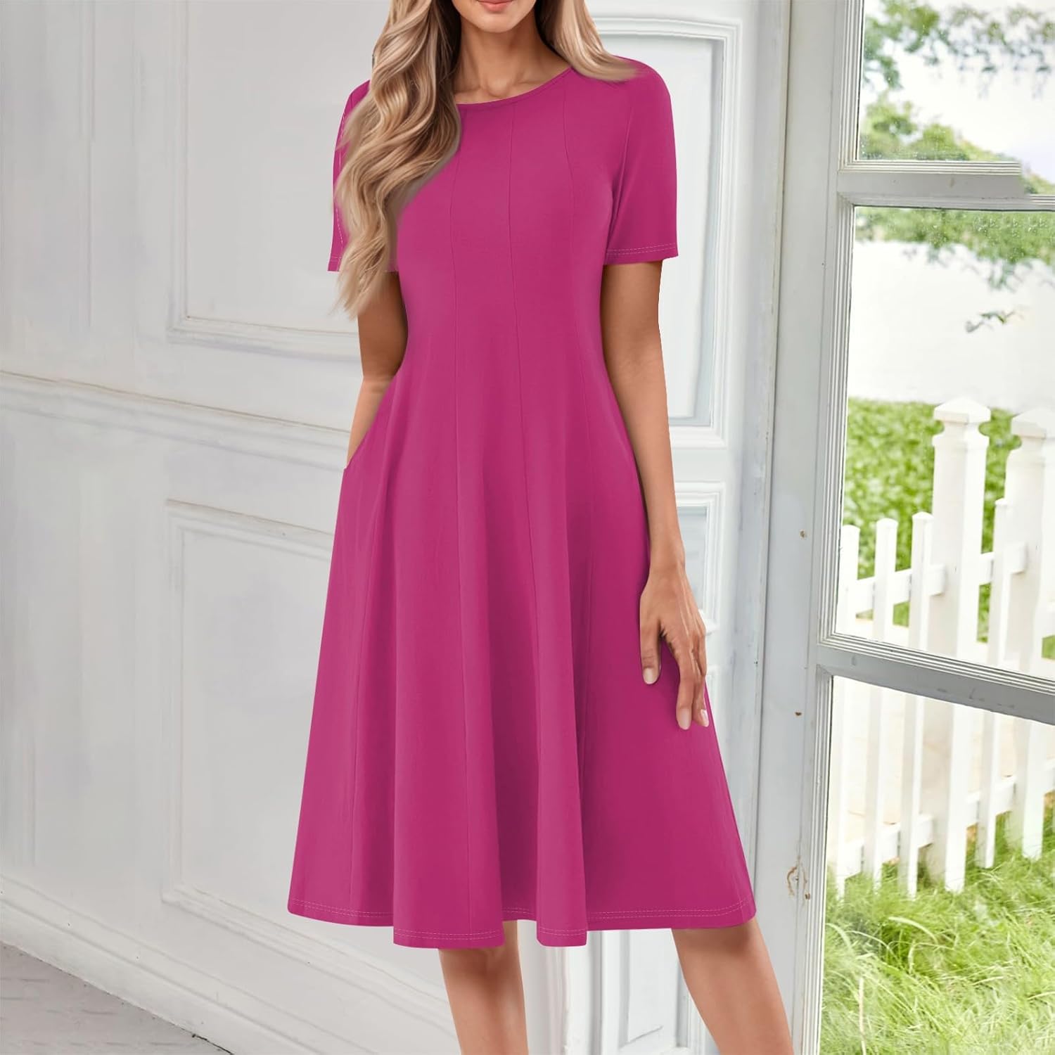 Summer Dresses for Women 2025 Crew Neck Short Sleeve Boho Beach Vacation Floral/Solid Midi Sundresses with Pockets