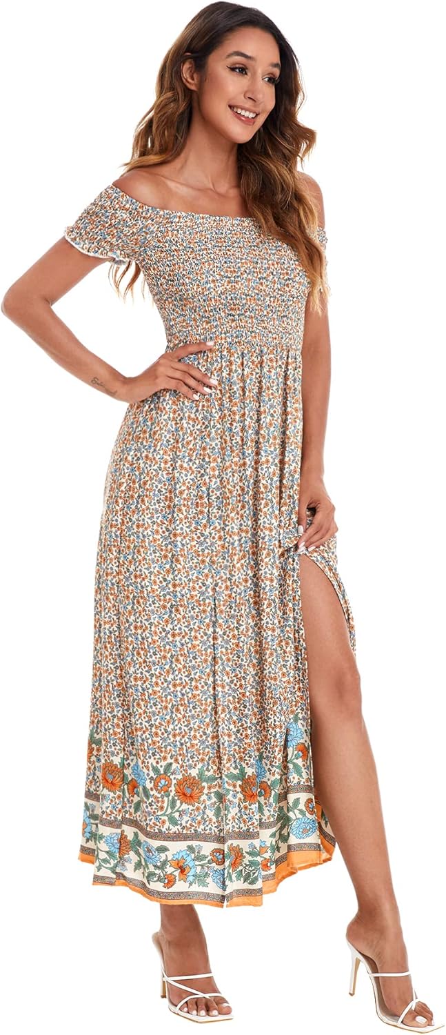Floerns Women's Boho Floral Print Off Shoulder Split Long A Line Dress