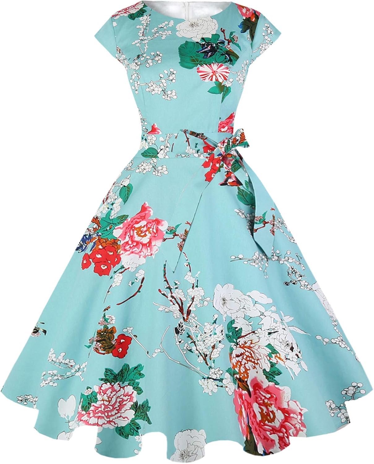 PUKAVT Women's 1950 Boatneck Cap Sleeve Vintage Swing Cocktail Party Dress with Pockets