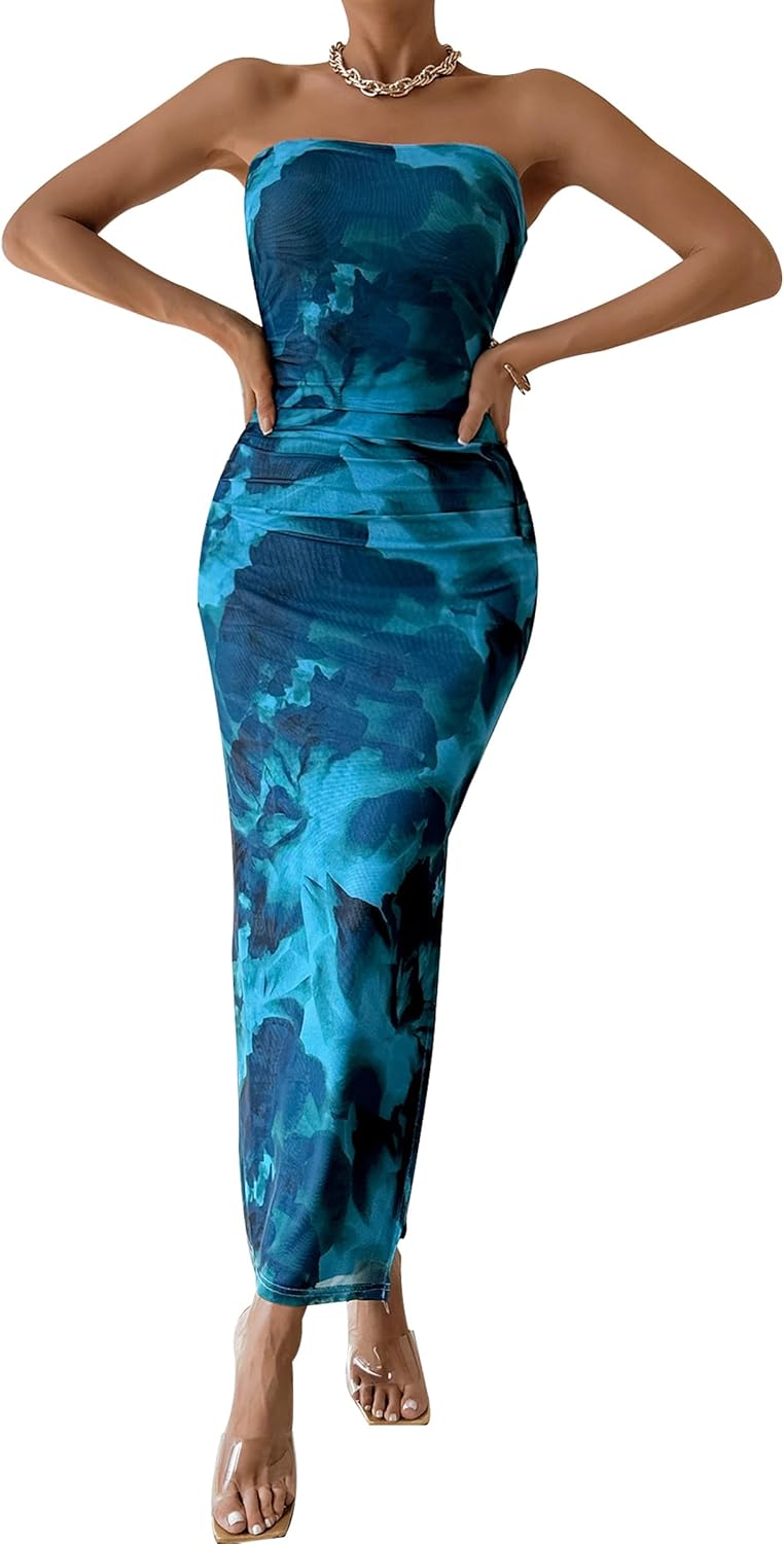 PRETTYGARDEN Women's Summer Maxi Bodycon Dresses Strapless Tube Top Printed Long Party Club Slit Dress