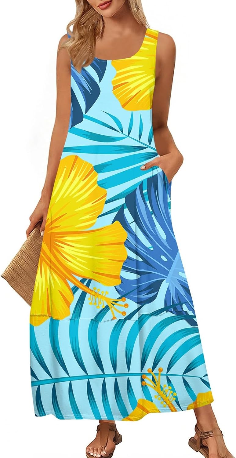 Womens Summer Tank Dress Vacation Boho Floral Long Dresses with Pockets Resort Wear Swing Beach Sleeveless Sundress