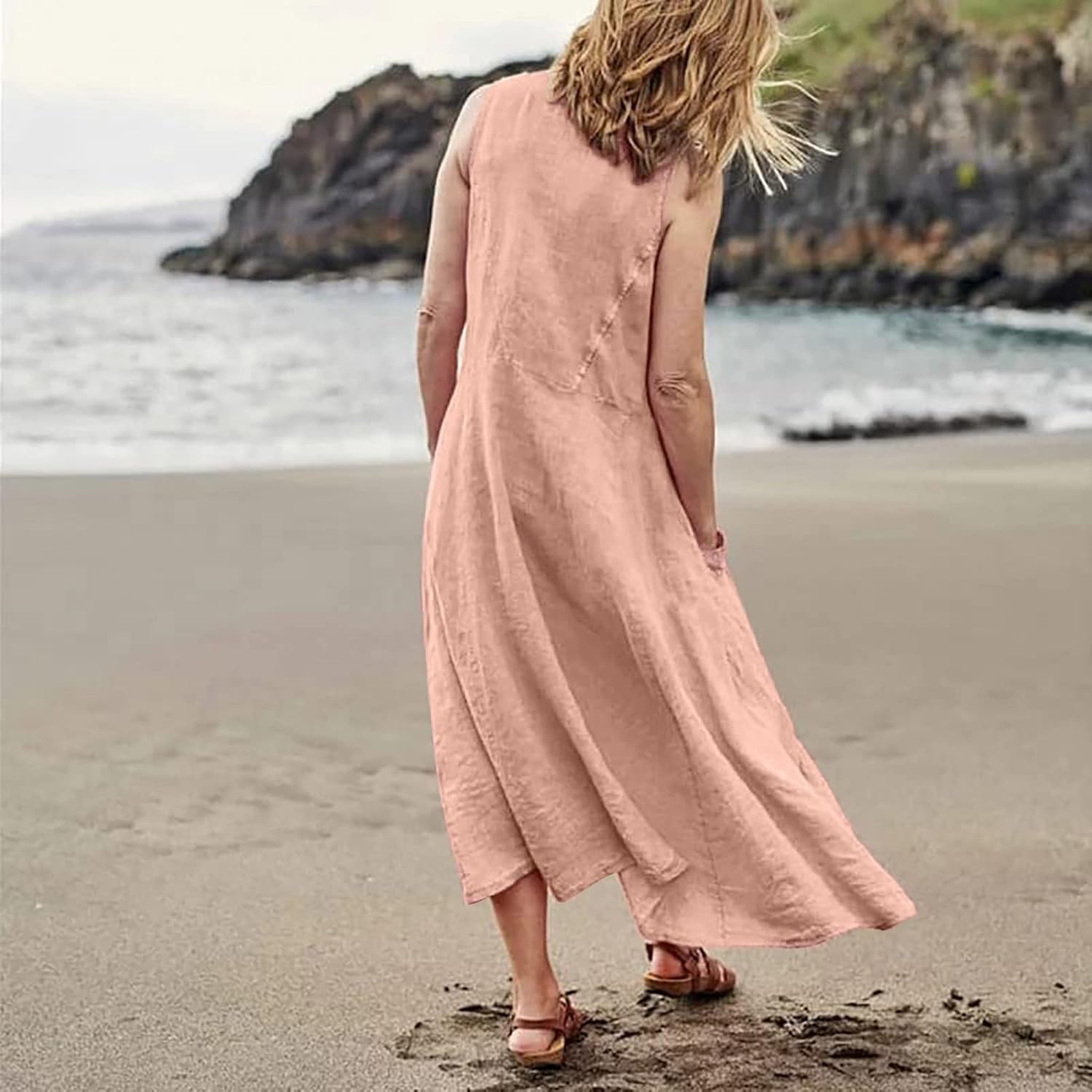 Women's Casual Sleeveless Dresses, Cotton Linen Pocket Dresses Summer Dresses for Women 2024 Sundresses Beach Dress