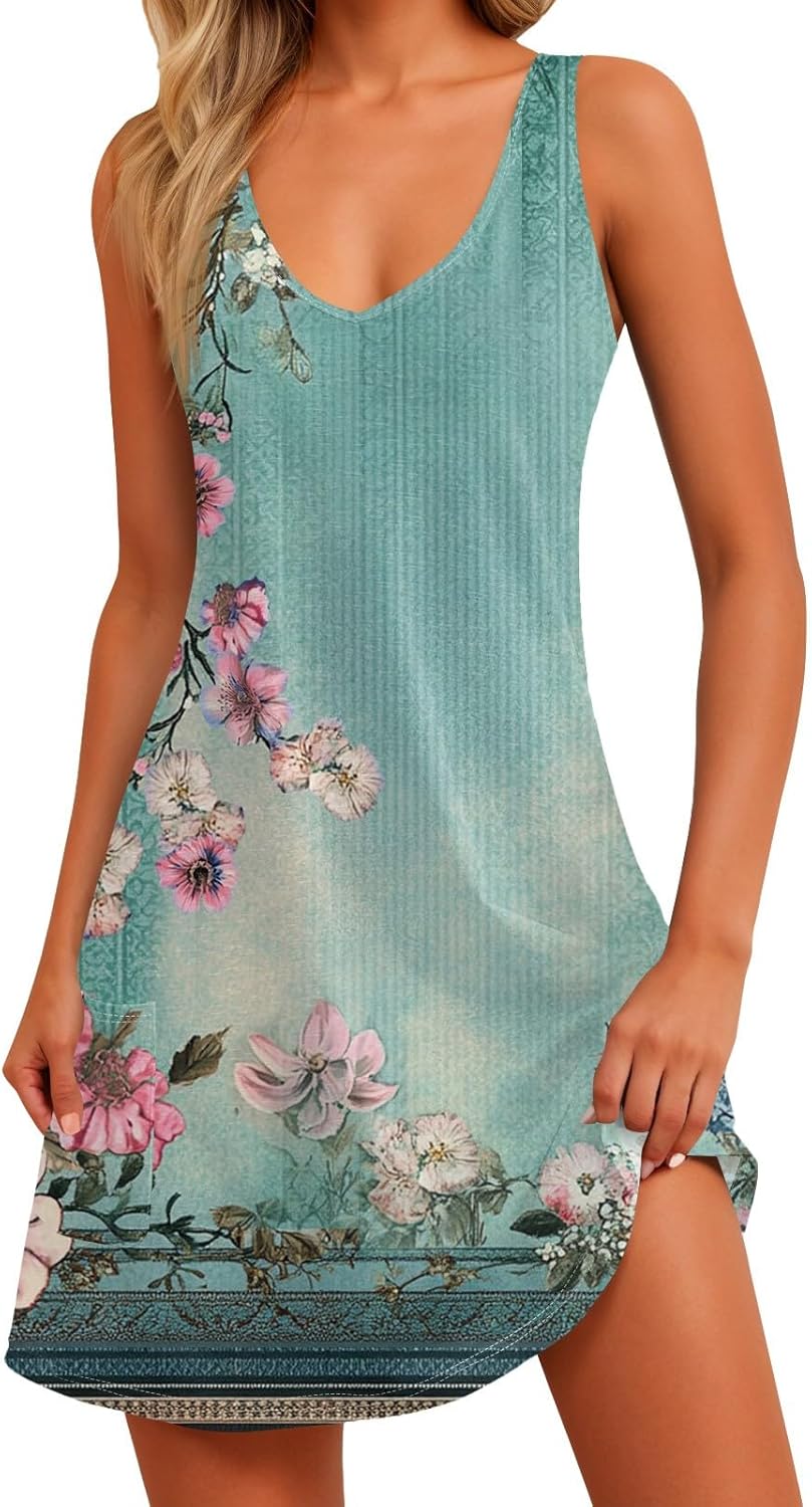 Women's Sleeveless Floral Print Summer Dress Casual V-Neck A-Line Mini Dress for Beach Party and Daily Wear