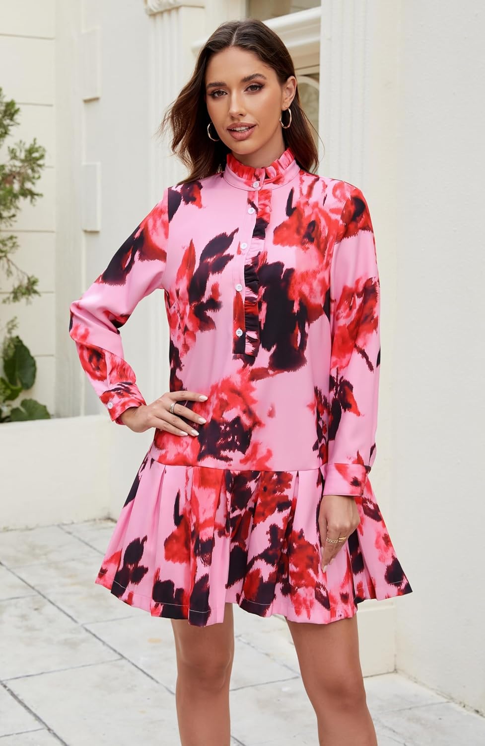 Women Floral Mini Dress Long Sleeve Stand Collar Button Up Elegant Work Swing Short Pleated Dress