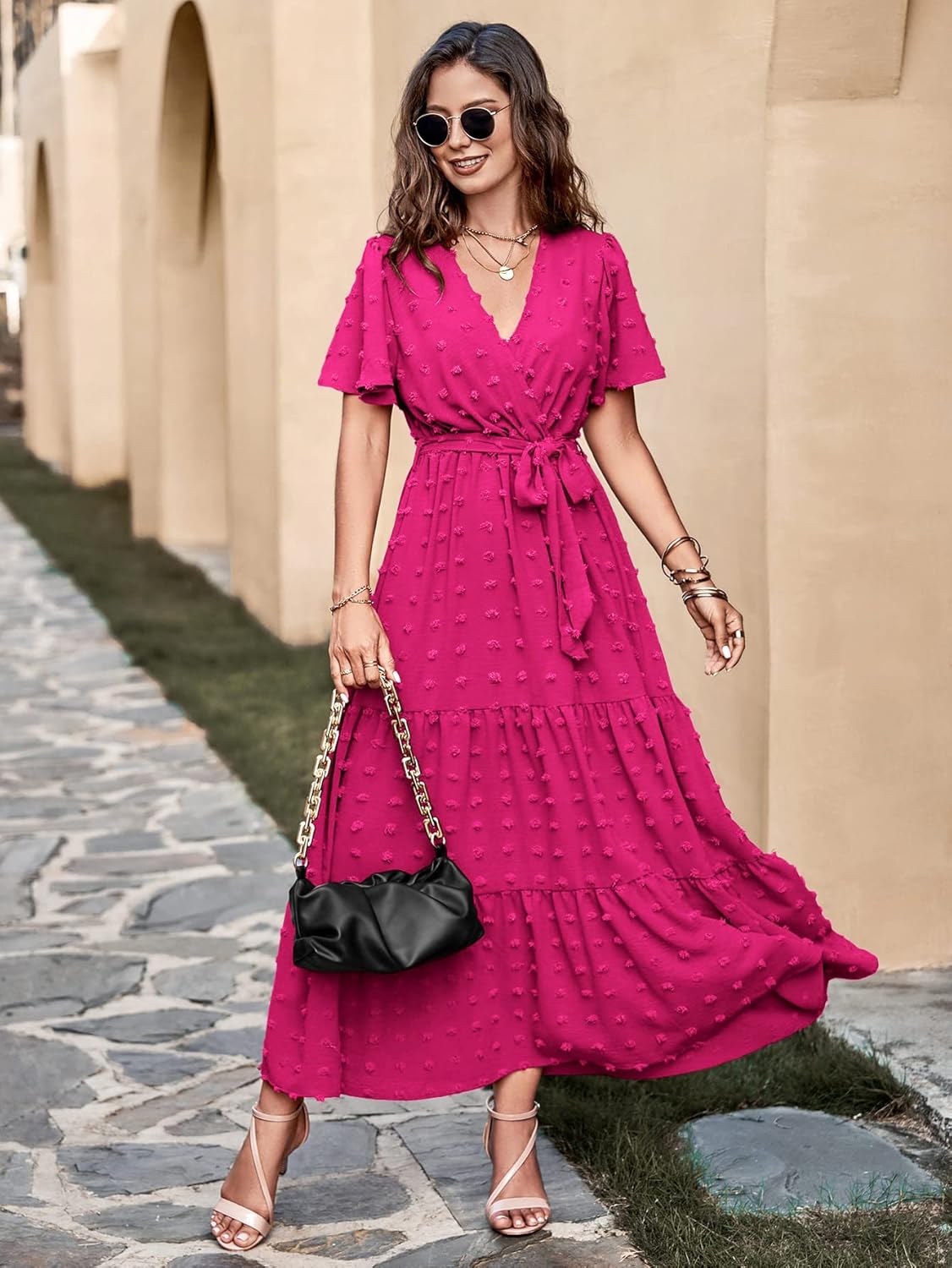 MASCOMODA Womens Boho Swiss Dot Maxi Dresses Wrap V Neck Flutter Short Sleeve Solid Tie Belt A Line Tiered Flowy Long Dress