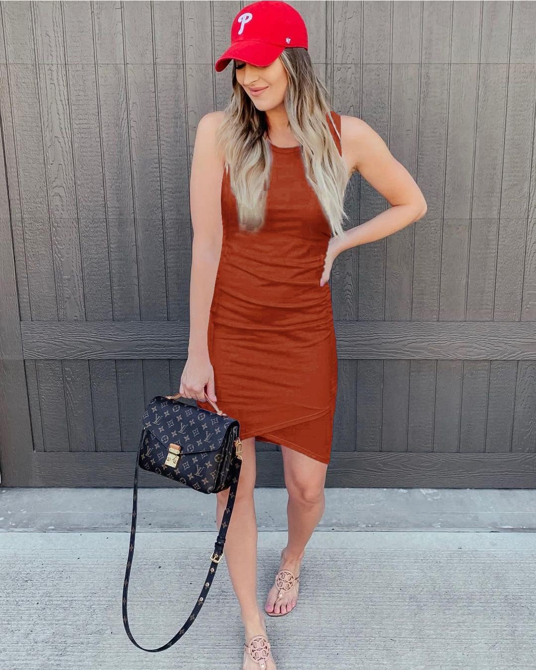 BTFBM Women 2025 Summer Sleeveless Tank Dresses Crew Neck Slim Fit Short Casual Ruched Bodycon Party Club Mini Dress