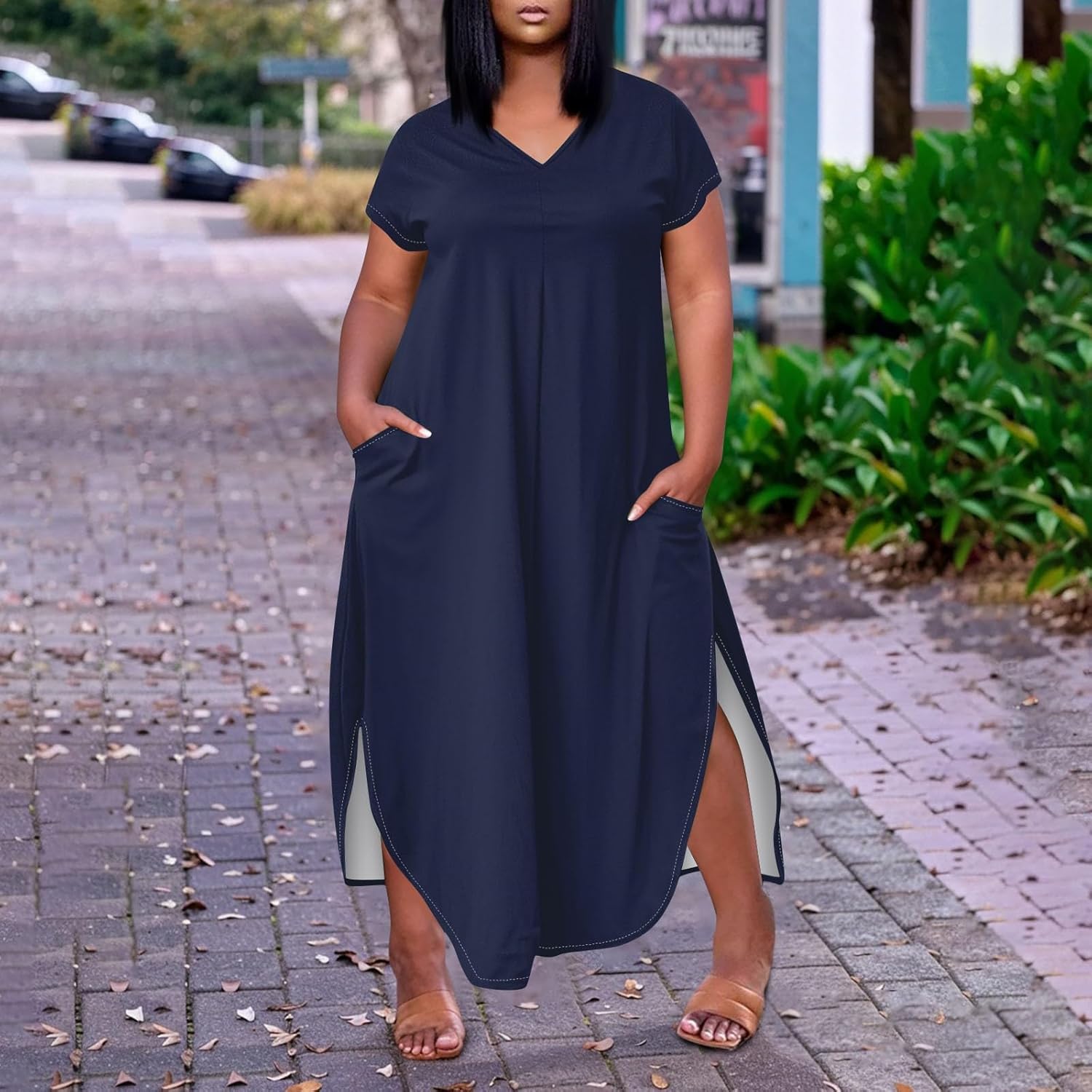 Maxi Dresses for Women 2025 Plus Size Tie Dye V Neck Dress Short Sleeve Side Split Beach Summer Sundress with Pocket