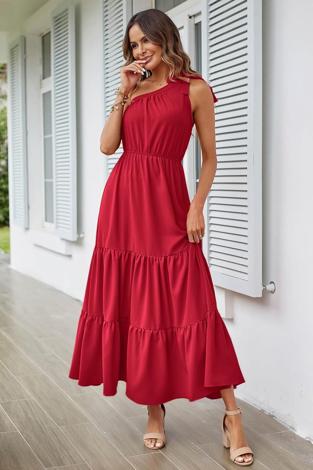 PRETTYGARDEN Women's Summer Floral Maxi Dress Knot One Shoulder Sleeveless Ruffle Flowy Boho Beach Wedding Guest Dresses