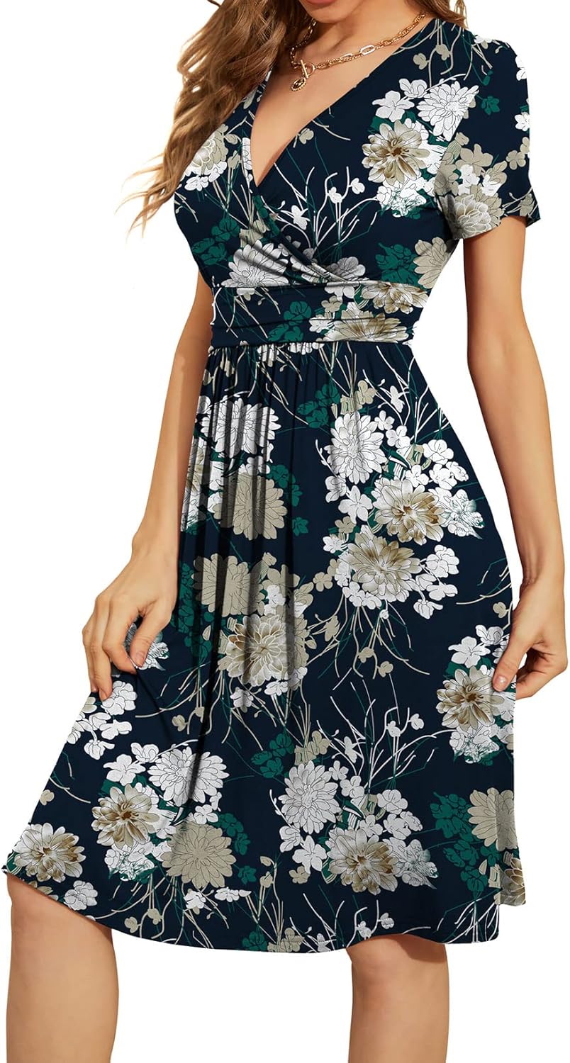 WEACZZY Women's Summer Short Sleeve Casual Dresses V-Neck Floral Party Dress with Pockets