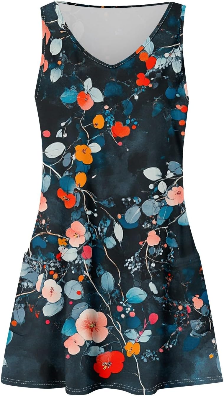 Women's Sleeveless Floral Print Summer Dress Casual V-Neck A-Line Mini Dress for Beach Party and Daily Wear