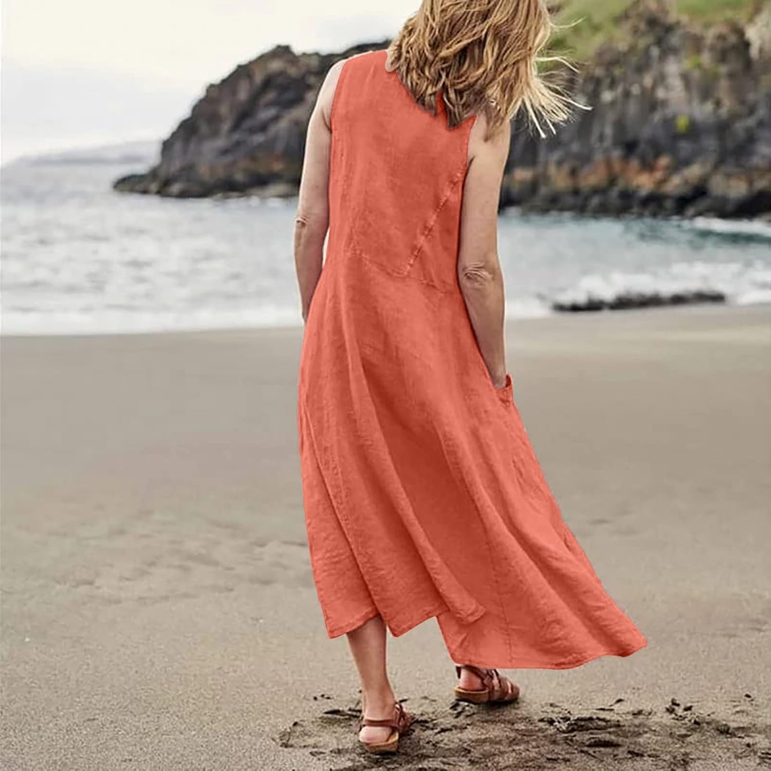 Women's Casual Sleeveless Dresses, Cotton Linen Pocket Dresses Summer Dresses for Women 2024 Sundresses Beach Dress