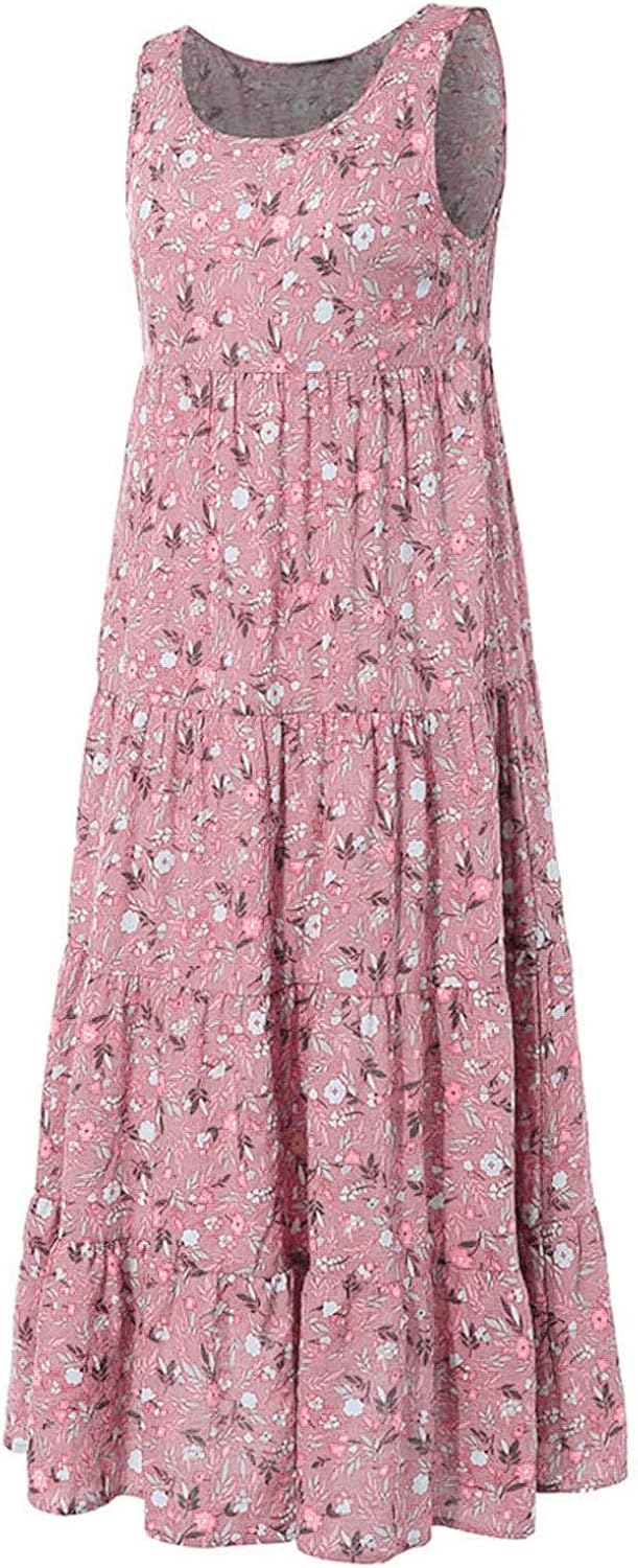 Ceboyel Women Boho Floral Maxi Dresses Flowy Tank Dress Sleeveless Smocked Sundresses Trendy Casual Beach Long Sun Dress