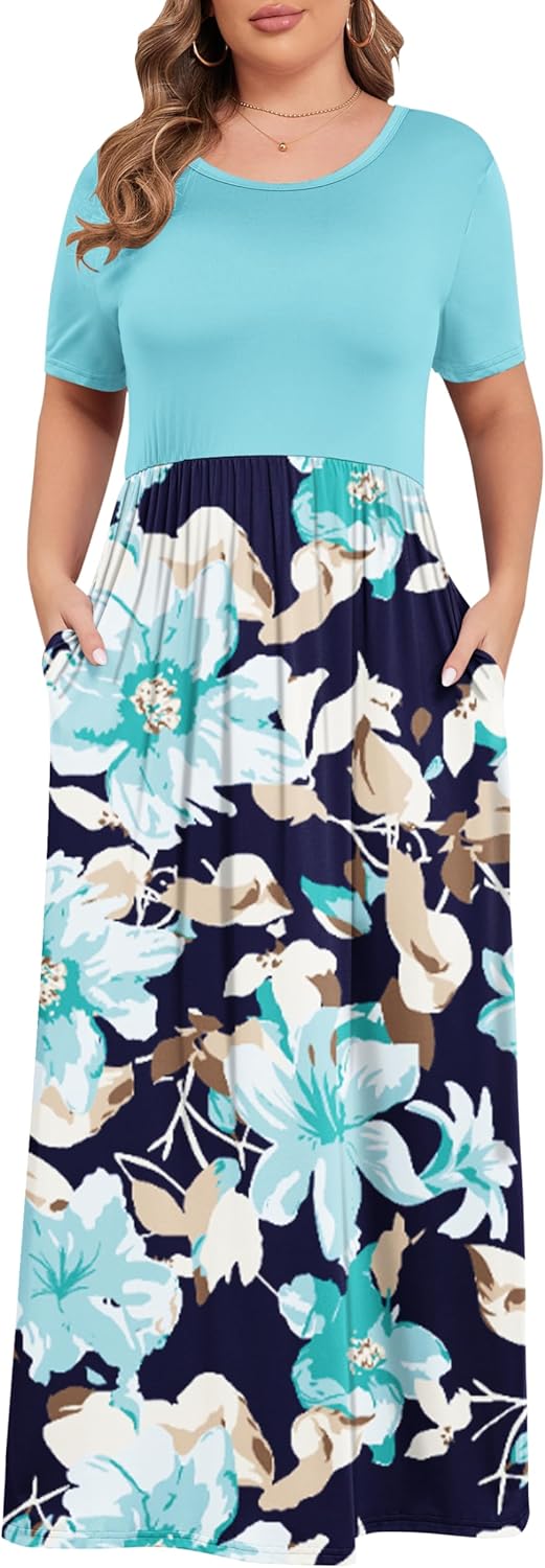 KARALIN Women’s Plus Size Maxi Dresses for Curvy Women Summer Casual Short Sleeve 2025 Long Dress 14W-26W