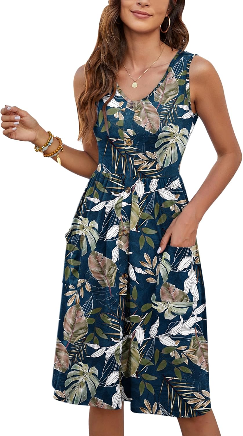 MOLERANI Women Summer Dresses Sleeveless Casual Loose Swing Button Down Midi Dress with Pockets