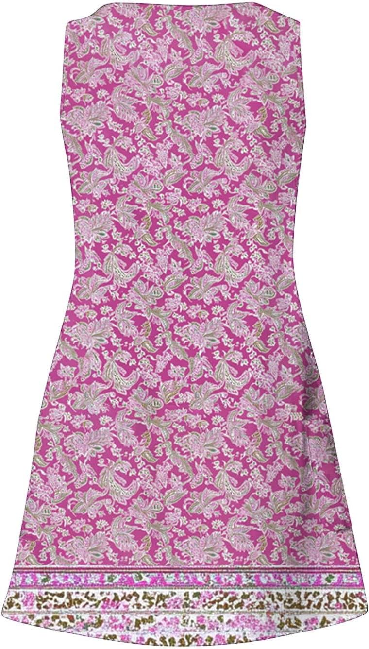 Womens 2025 Spring Summer Dresses Casual Floral Print V-Neck Tank Dress Curve Hem Pleated A-Line Sundresses
