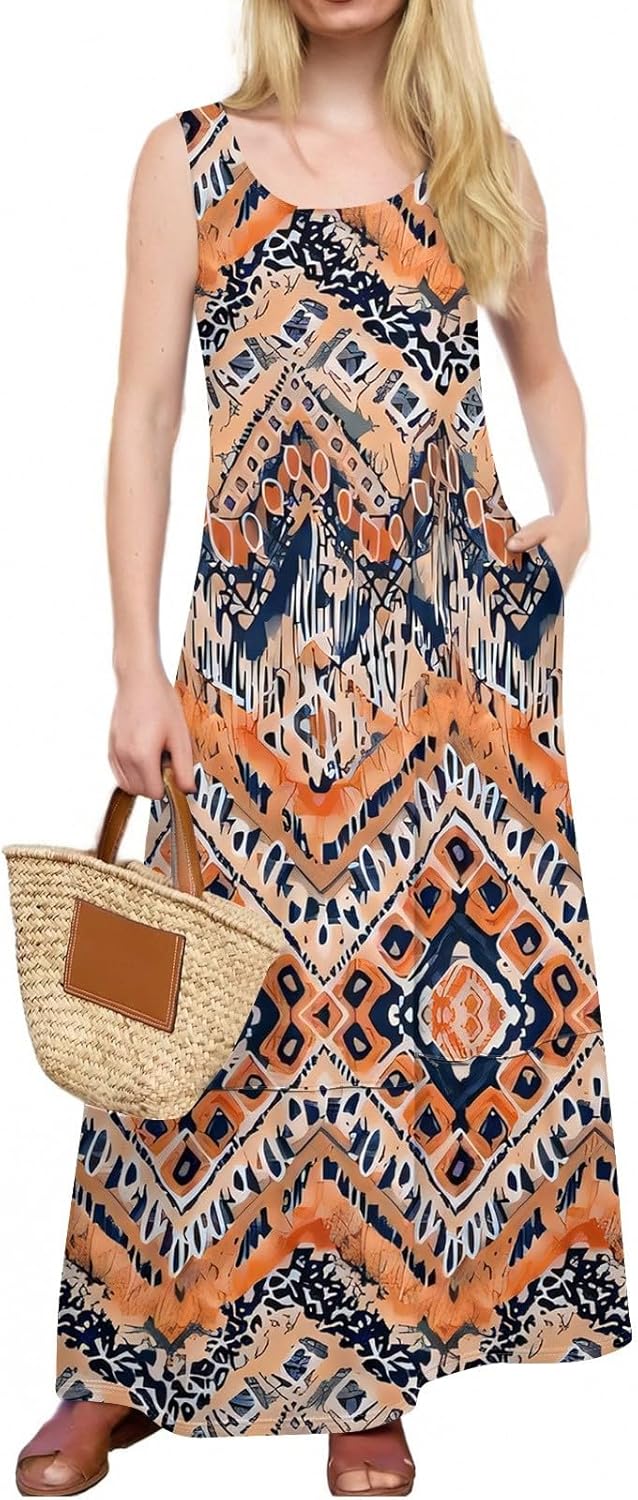 Womens Summer Tank Dress Vacation Boho Floral Long Dresses with Pockets Resort Wear Swing Beach Sleeveless Sundress