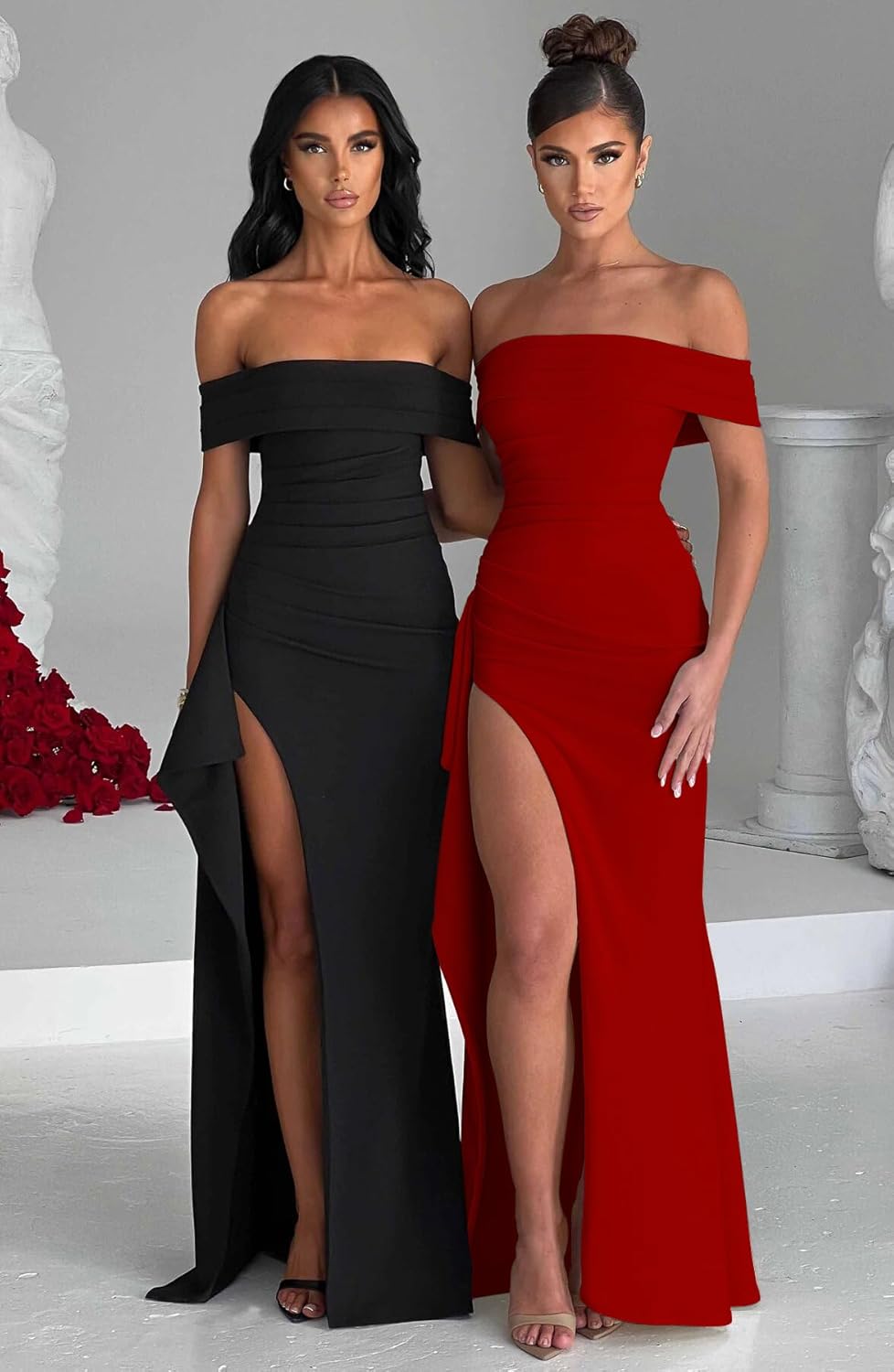 LAGSHIAN Women's Elegant Bodycon Off Shoulder Sleeveless High Split Ruched Long Formal Evening Dress