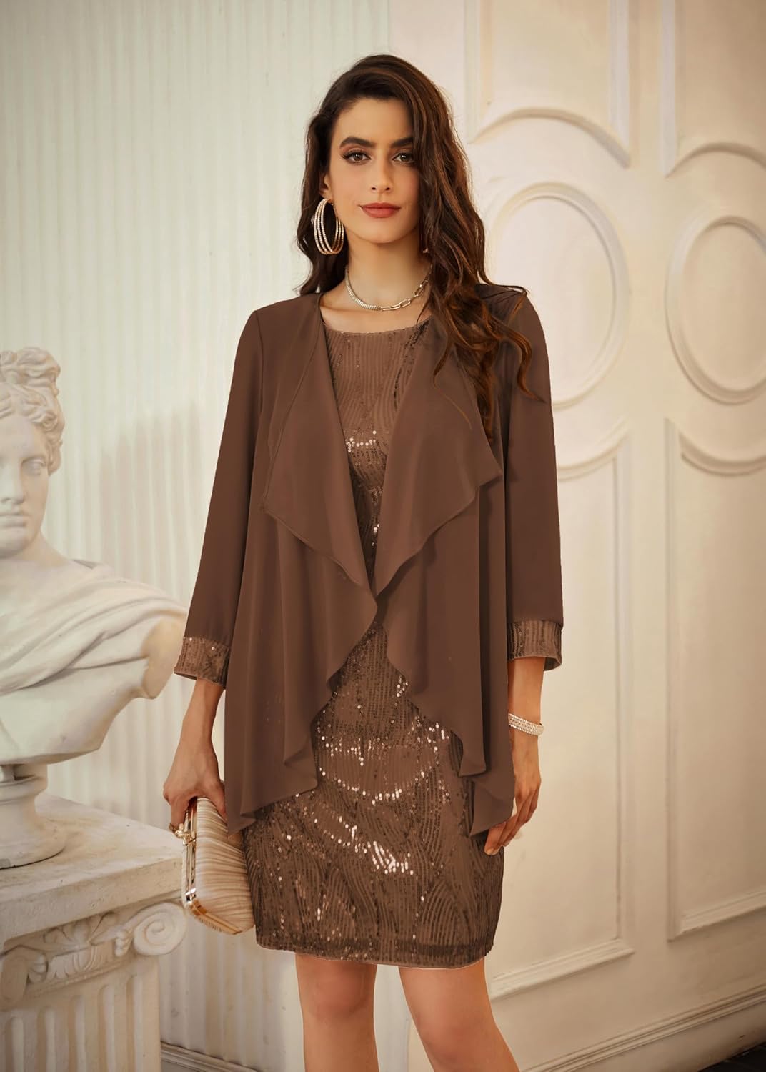 GRACE KARIN Sequin Dress for Women Knee Length Mother of the Bride Dresses Formal Dress Two Piece Dress with Chiffon Jacket