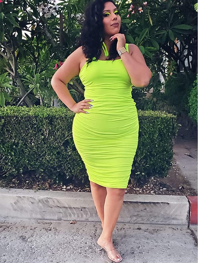 BEAGIMEG Women's Sexy Tank Top Bodycon Ruched Sleeveless Basic Midi Party Dress