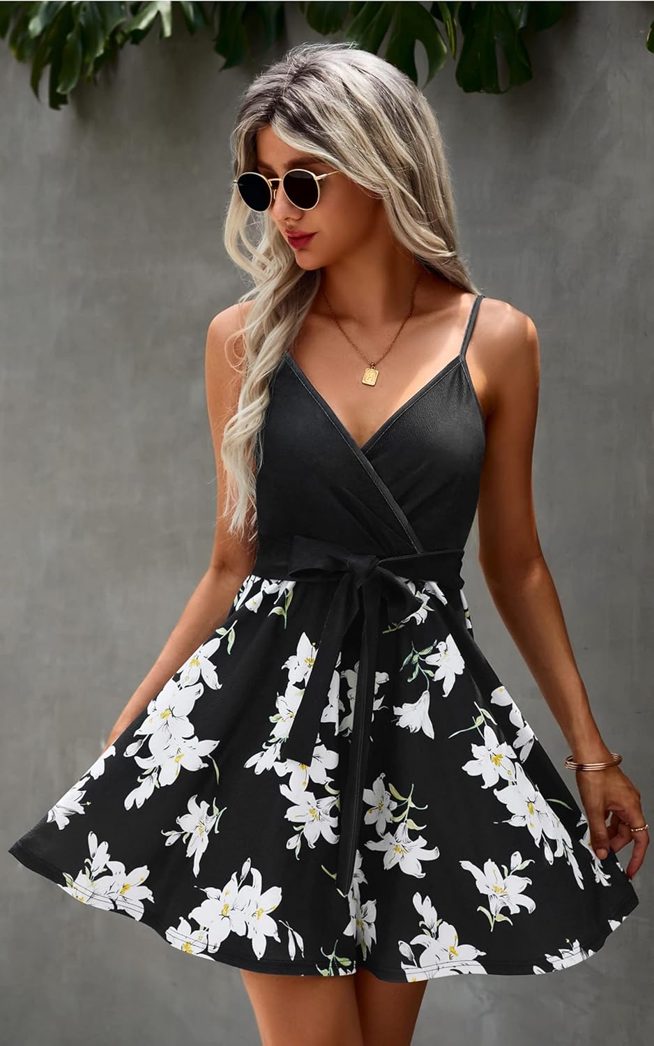 ECOWISH Summer Dresses for Women 2025 V-Neck Spaghetti Strap Bowknot Backless Sleeveless Lace Mini Swing Skater Dress