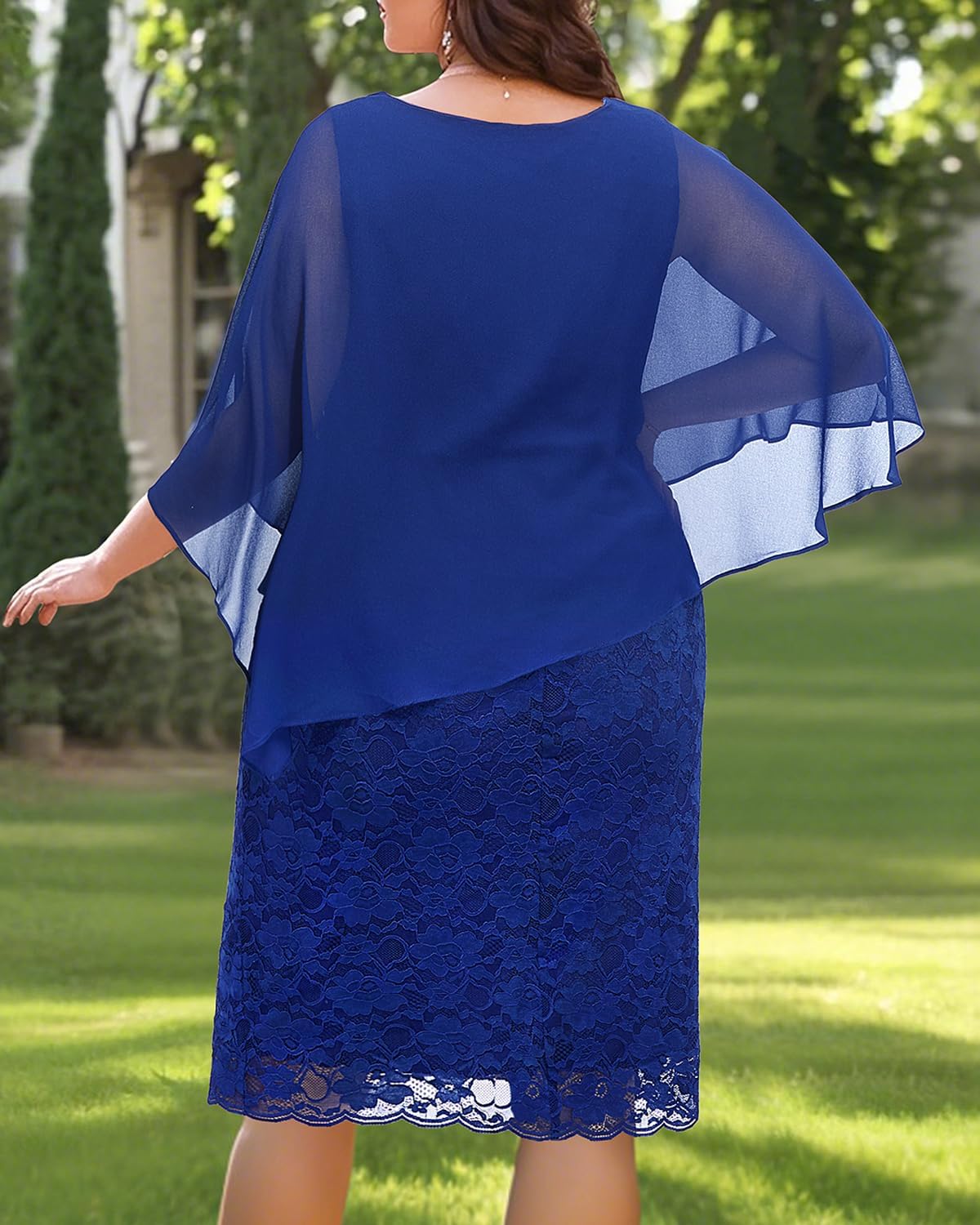 Plus Size Dresses Wedding Guest - Mother Bride Semi Formal Lace Cape with Chiffon Overlay Dresses