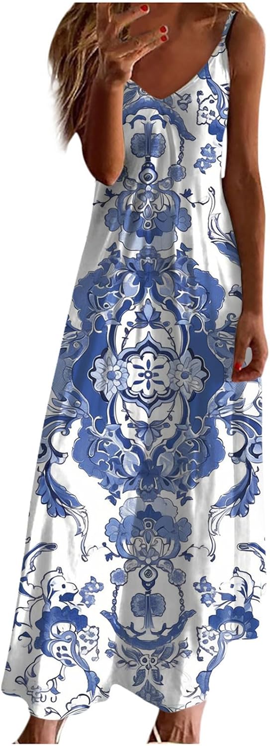 Womens Floral Maxi Dresses Spaghetti Strap Casual Summer Long Dress Vneck Flowy Boho Beach Sundress Vacation Outfits