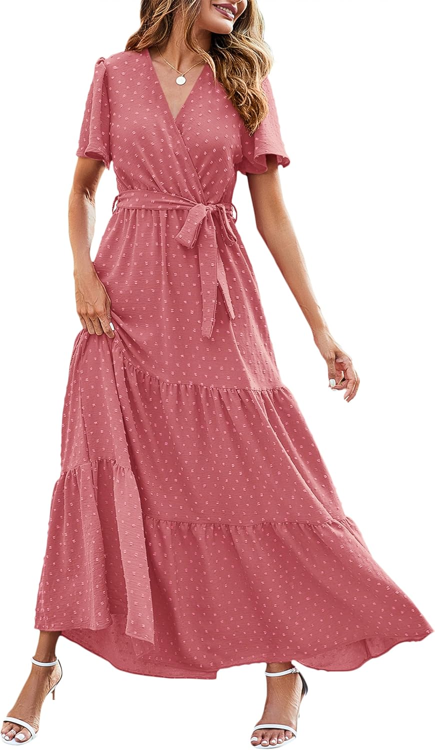 MASCOMODA Womens Boho Swiss Dot Maxi Dresses Wrap V Neck Flutter Short Sleeve Solid Tie Belt A Line Tiered Flowy Long Dress