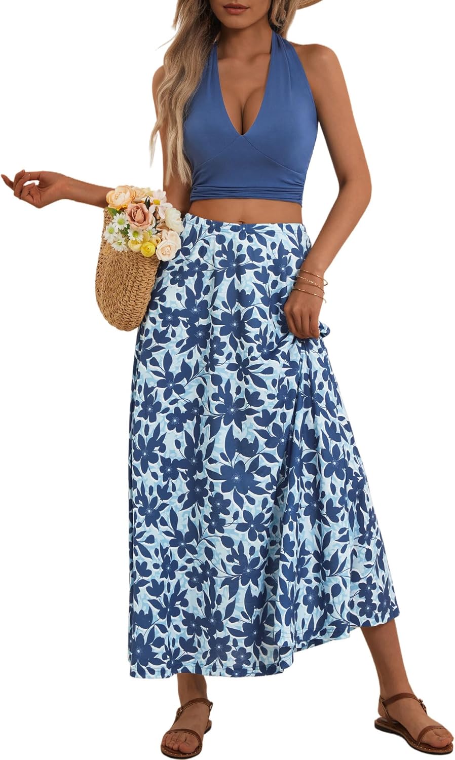 FENSACE Women's Summer Sexy 2 Pieces Floral Beach Vacation Outfits Halter Top Maxi Skirt Set