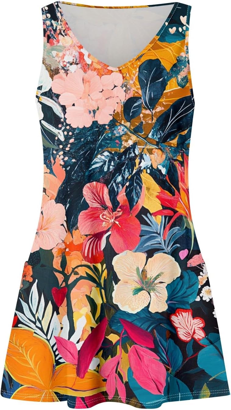 Women's Sleeveless Floral Print Summer Dress Casual V-Neck A-Line Mini Dress for Beach Party and Daily Wear