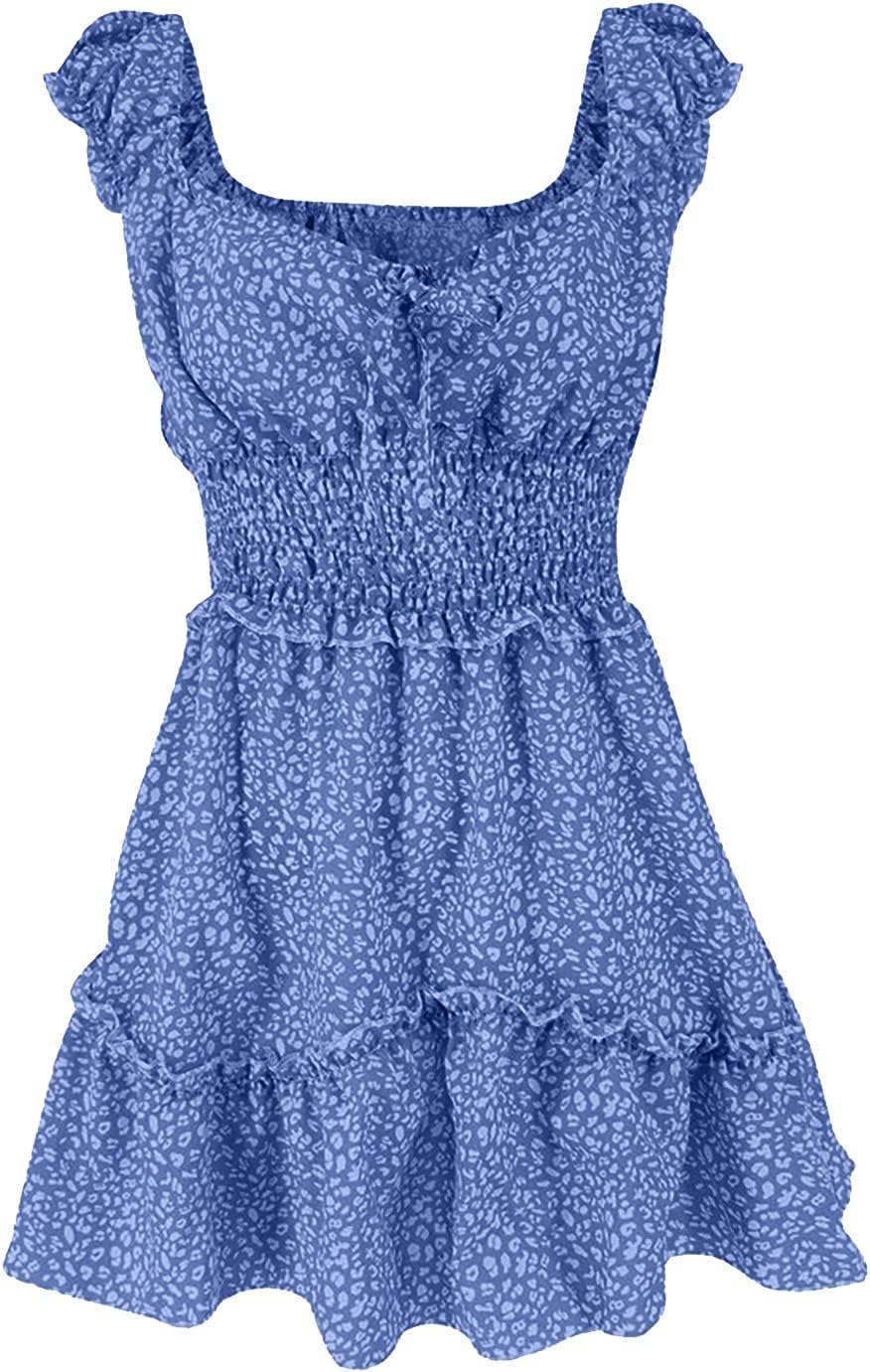 iQKA Women Short Mini Dress Summer Bohemian Floral Print Short Sleeve Square Neck Sexy Babydoll Dresses S-3XL