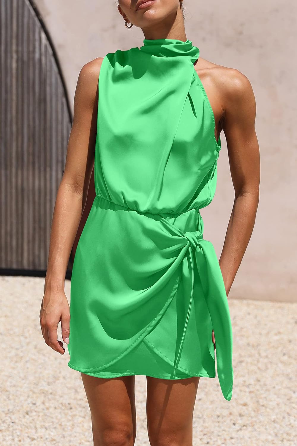 PRETTYGARDEN Women's Short Formal Satin Dress Summer Sleeveless Mock Neck Tie Waist Cocktail Party Dresses