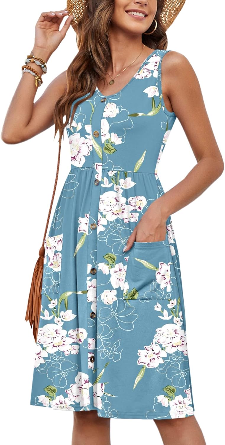MOLERANI Women Summer Dresses Sleeveless Casual Loose Swing Button Down Midi Dress with Pockets