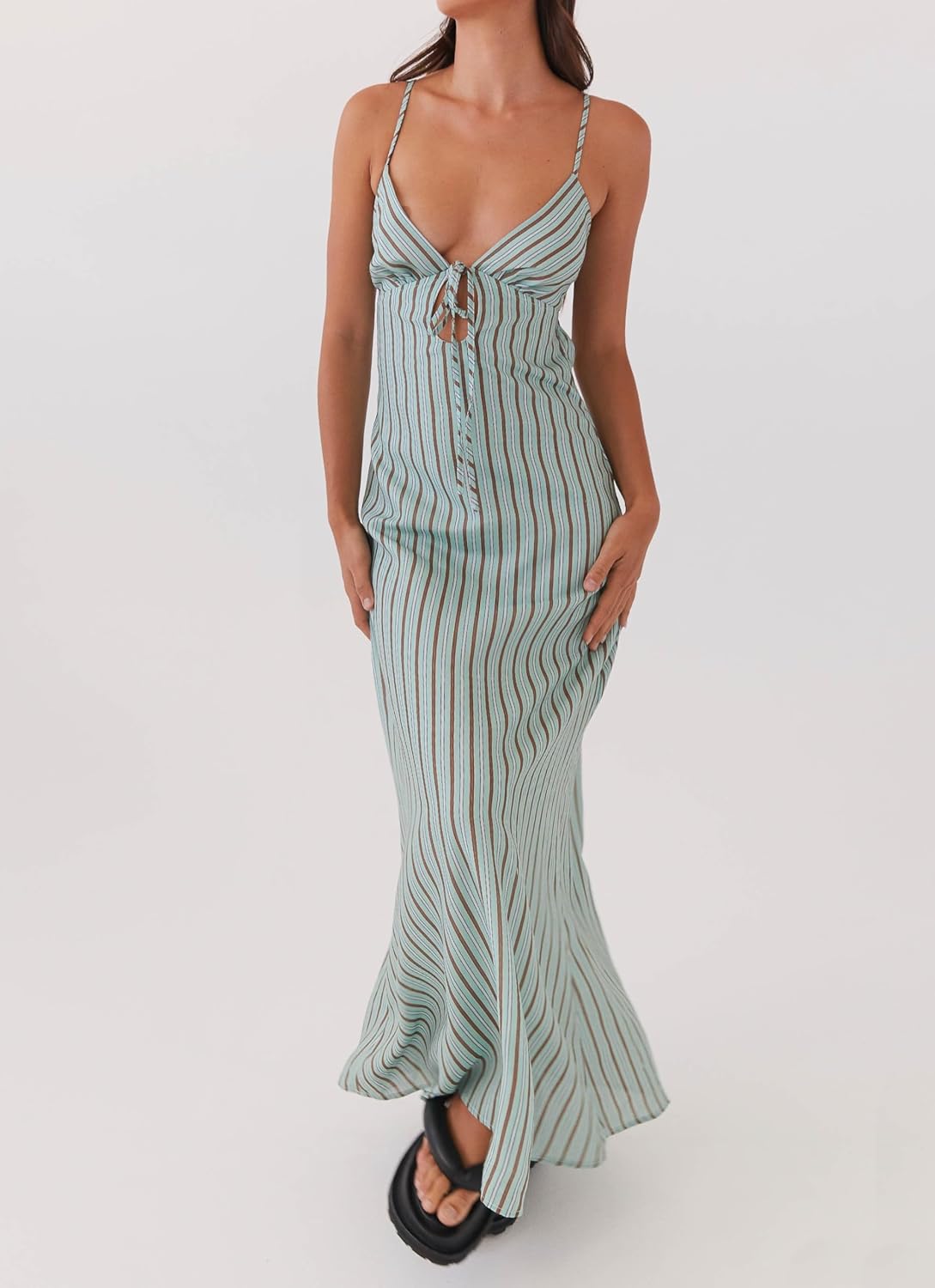 Luckinbaby Women Y2k Spaghetti Strap Maxi Dress V Neck Tie Front Cutout Long Cami Dress Backless Party Wedding Dress