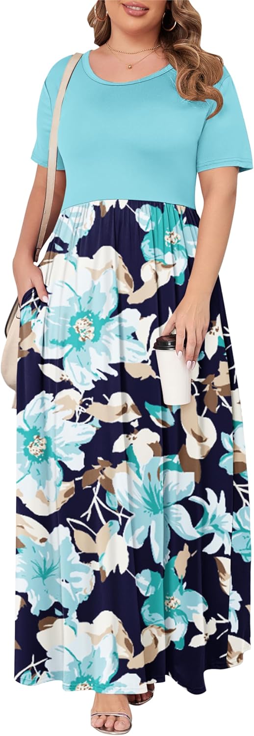 KARALIN Women’s Plus Size Maxi Dresses for Curvy Women Summer Casual Short Sleeve 2025 Long Dress 14W-26W