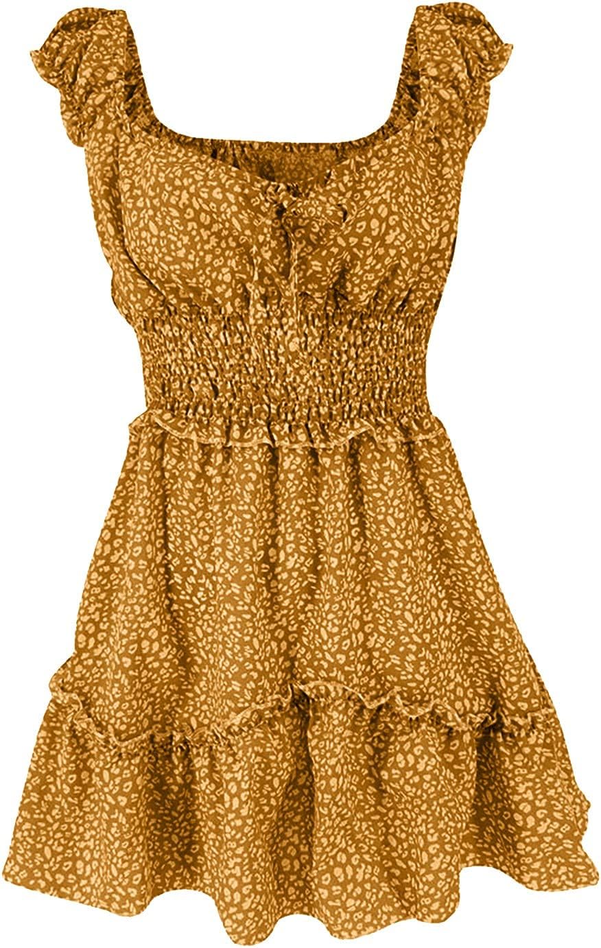 iQKA Women Short Mini Dress Summer Bohemian Floral Print Short Sleeve Square Neck Sexy Babydoll Dresses S-3XL