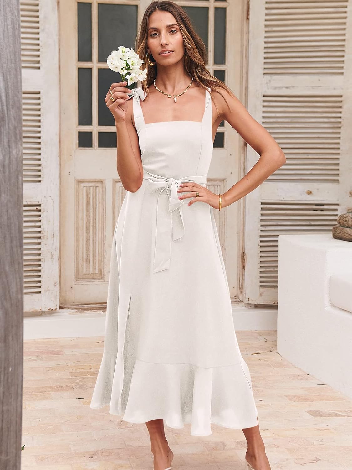 ANRABESS Women's Square Neck Ruffle Split Midi Elegant Formal Wedding Guest Cocktail Bridesmaid Graduation Party Dresses