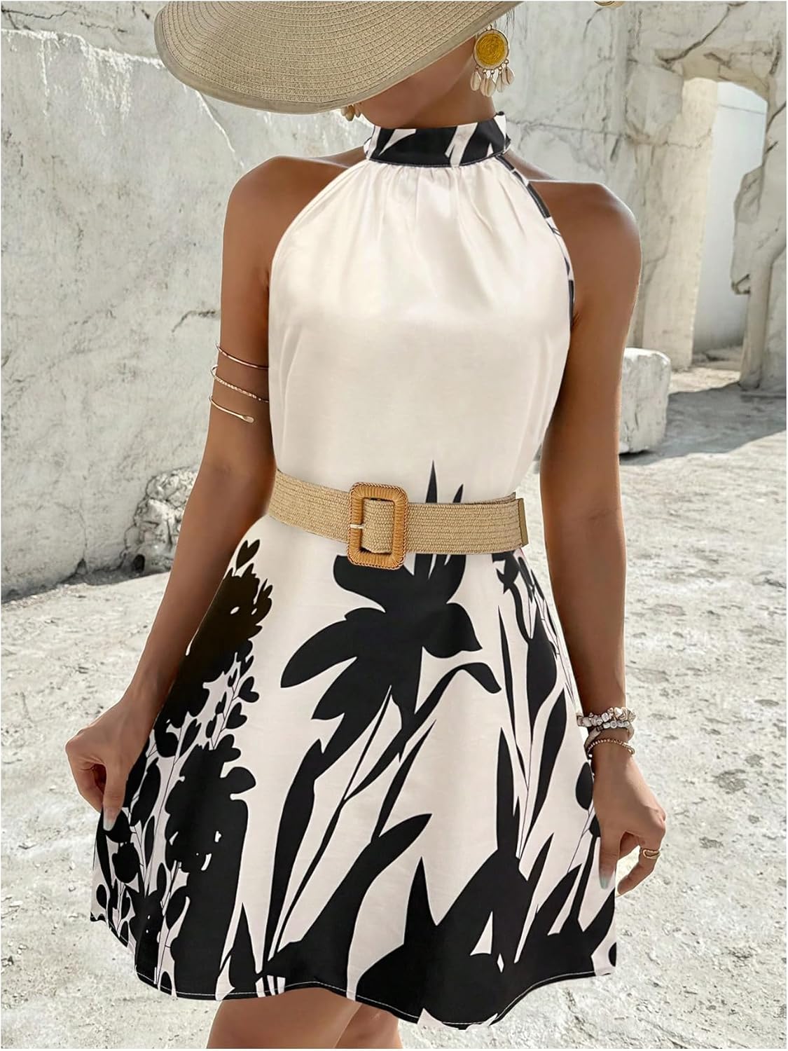 Floerns Women's Geo Print Halter A Line Dress Sleeveless Vacation Short Dresses